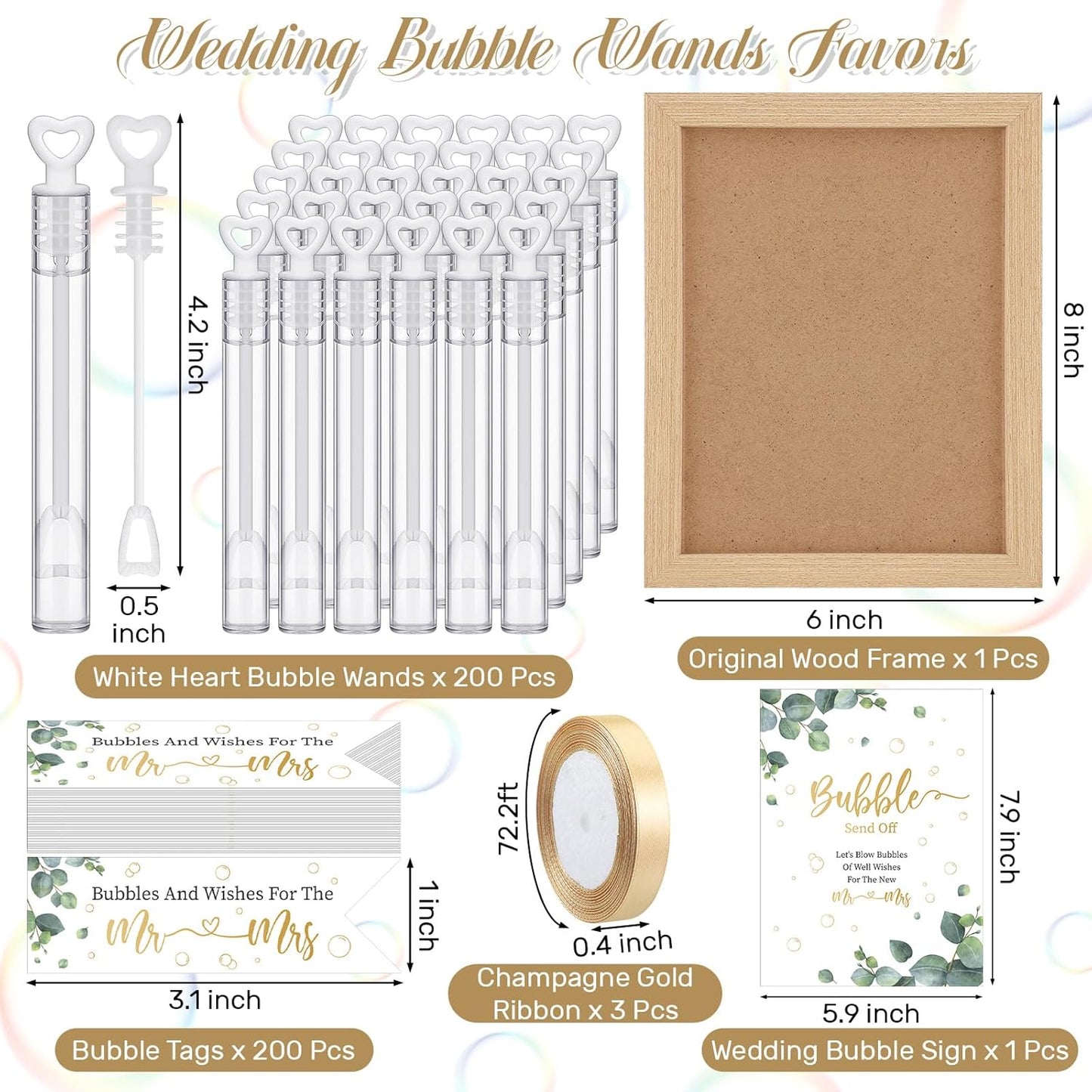 405 Pcs Wedding Bubbles Wands Set Include Heart Bubble Wands Bubbles Send Off Cards Gift Tags Wood Photo Frame Ribbons for Wedding Send Off Party Favors(Champagne Gold)