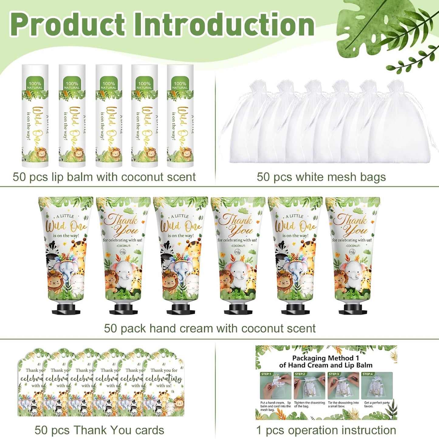 50 Pack Bulk Hand Cream and Bulk Lip Balm Gifts Sets, Baby Shower Favors and Bridal Shower Favors for Guests with Thank You Card and Organza Gift Bags, Birthday Gifts, Appreciation Gifts (Animal)