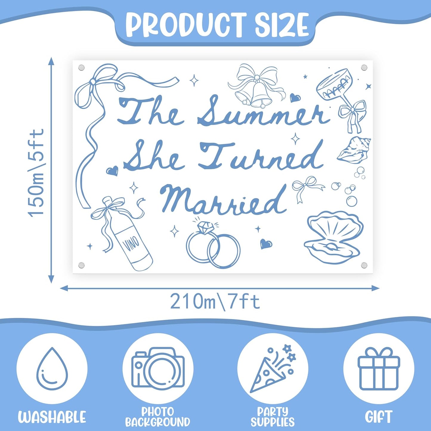 The Summer She Turned Married Backdrop - Beach Wedding Party Decorations - Bridal Shower Bachelorette Party Background Blue