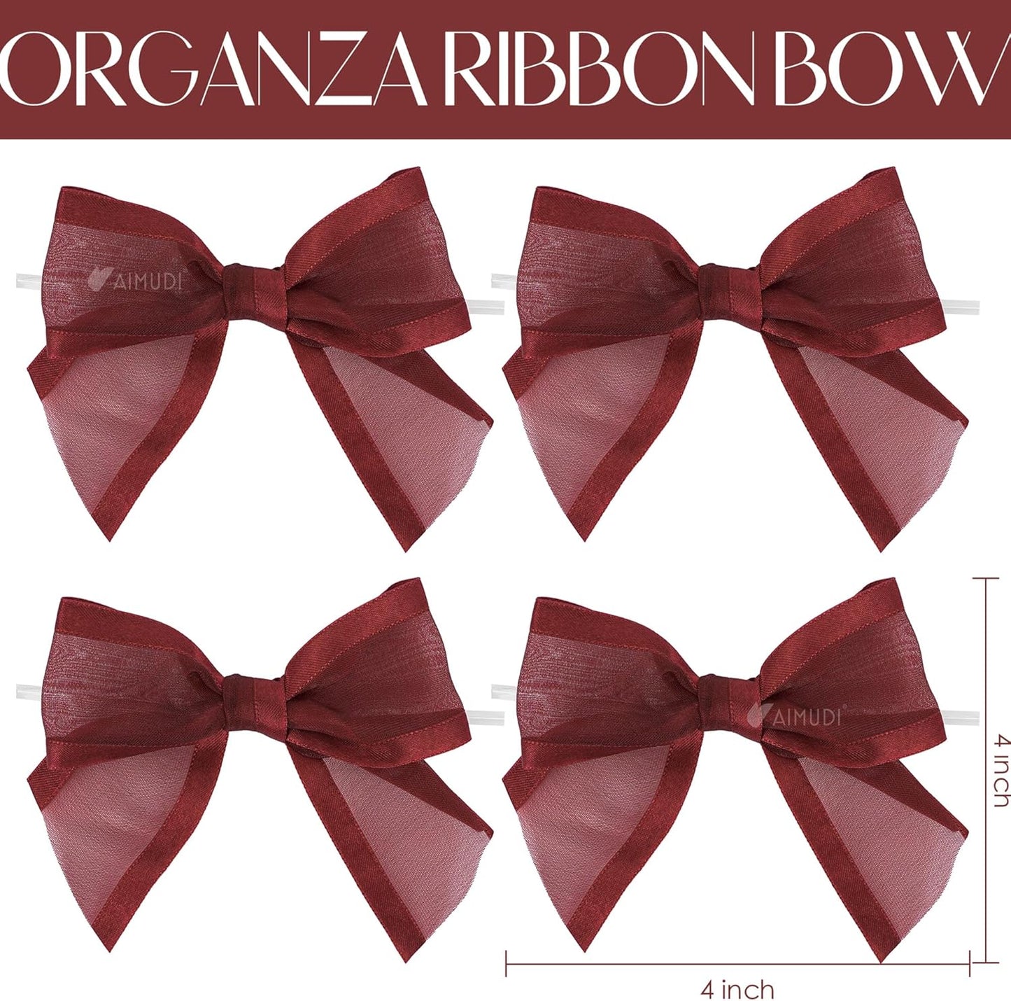 AIMUDI Burgundy Bows for Crafts 4" Organza Bows Premade Twist Ties Bows for Gift Wrapping Crafts Treat Bags Baskets Cake Pop Baby Shower Birthday Wedding Decor - 12 Counts