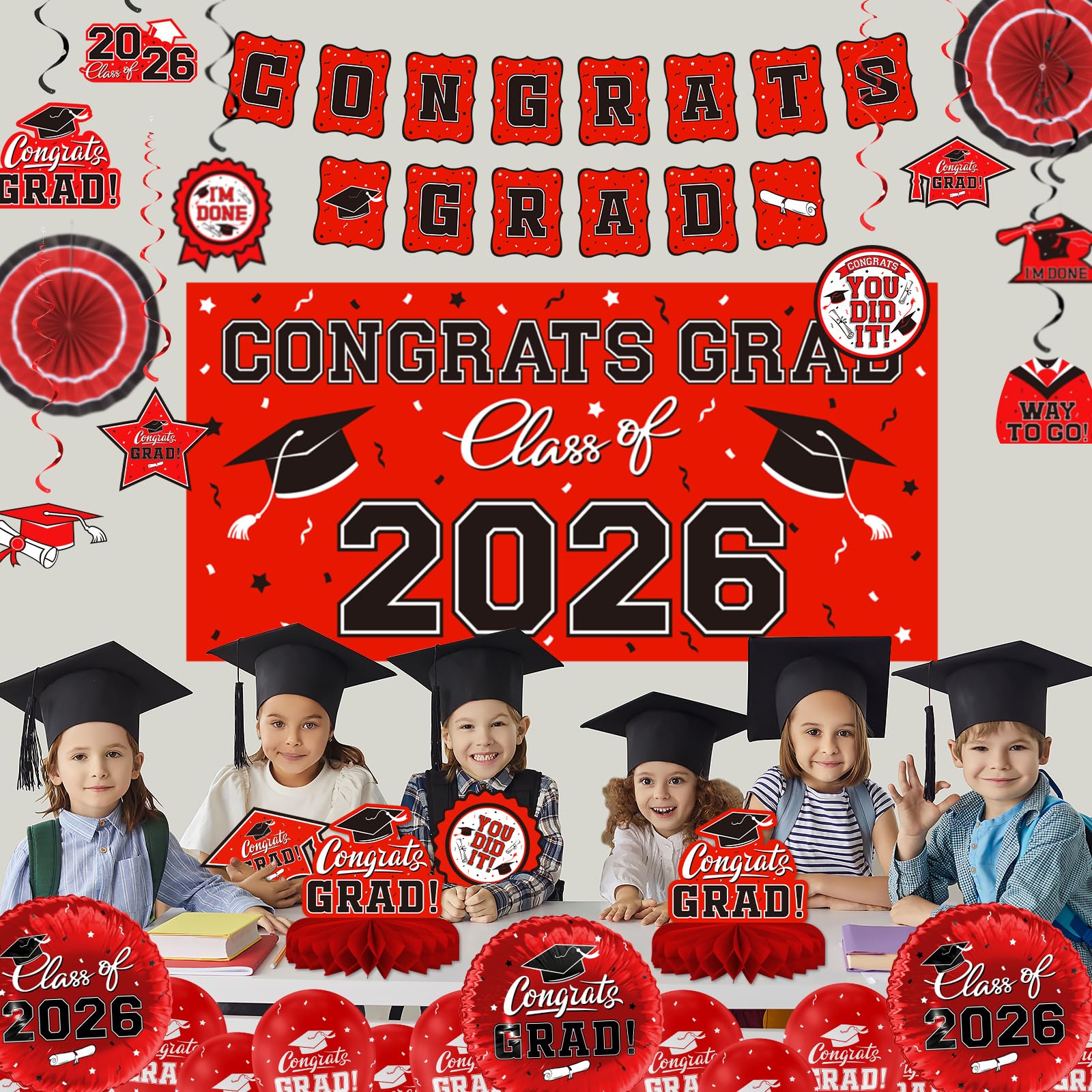 Red Themed 2026 Graduation Decorations Set - Congrats Grad Banner, Class of 2026Backdrop, Balloons