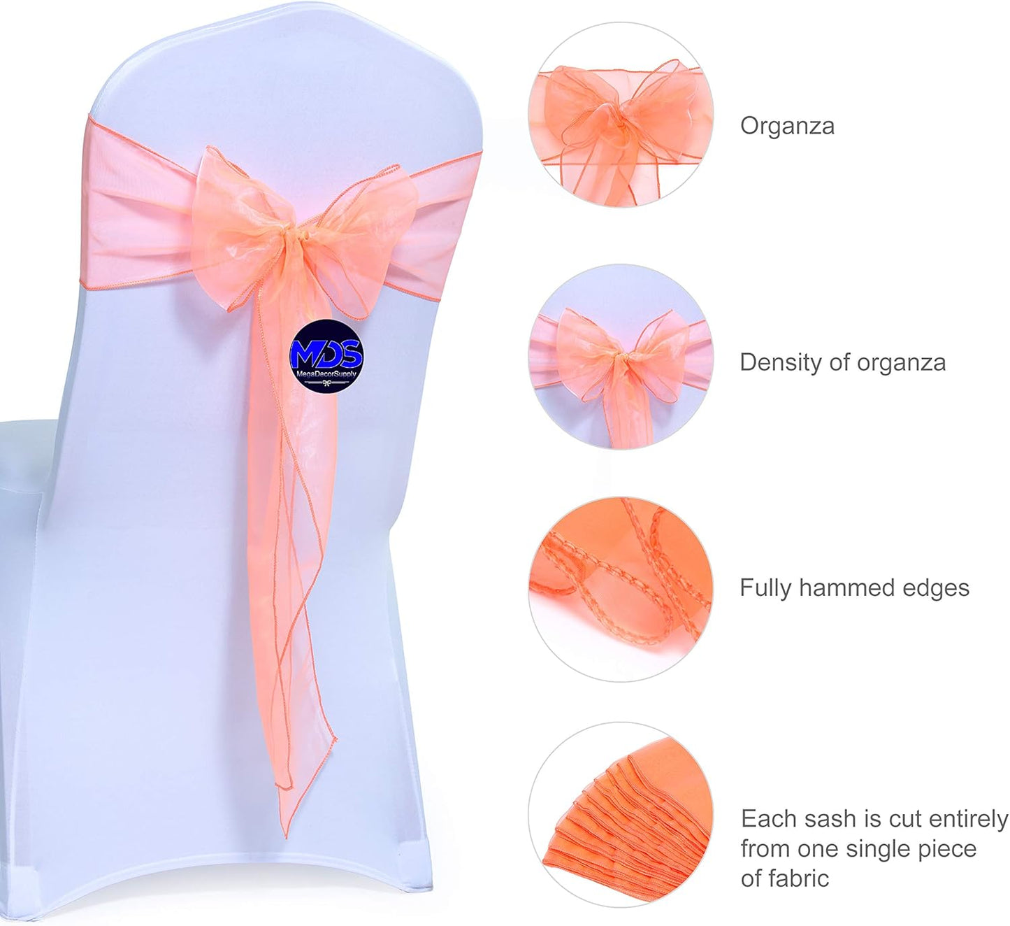 MDS Pack of 150 PCS Organza Chair Sashes Wider Dining Chair Bows Ribbon Tie Back for Wedding Party Birthday Bridal Shower Reception Event Banquet Home Chair Cover Decoration - Light Orange