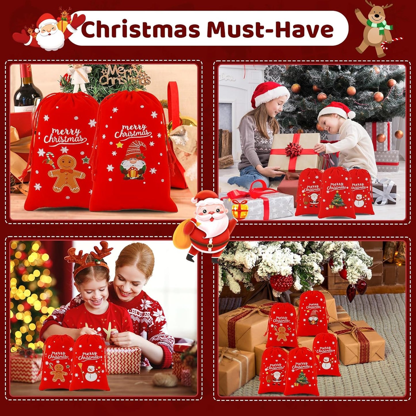 Tapleap Velvet Coth Christmas Bags with Drawstring, 50Pcs 4x6 for Wrapping Christmas Party Favors or Gifts for Friends, Small Bussiness, Palm Crosses, Customers