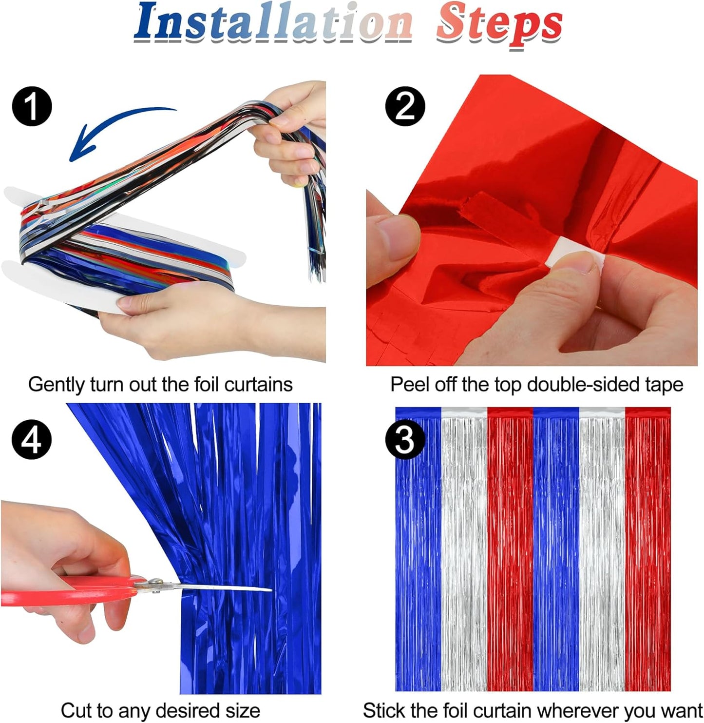 12 Pack 4th of July Decorations, 3.28 FT x 7.05 FT Patriotic Tinsel Backdrop, Metallic Blue Silver Red Fringe Curtains Party Streamer Foil Backdrop, Independence Day Party Supplies Patriotic Decor