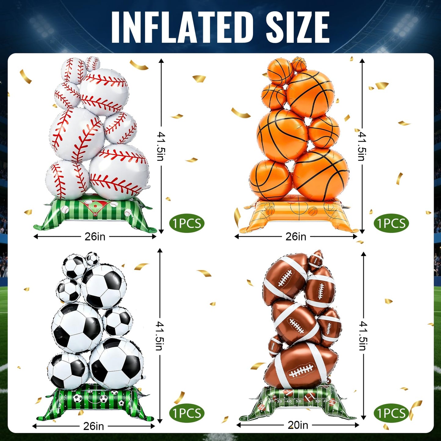 4 Pcs Sports Balloons - 59in Self Standing Foil Balloons for Party Decor