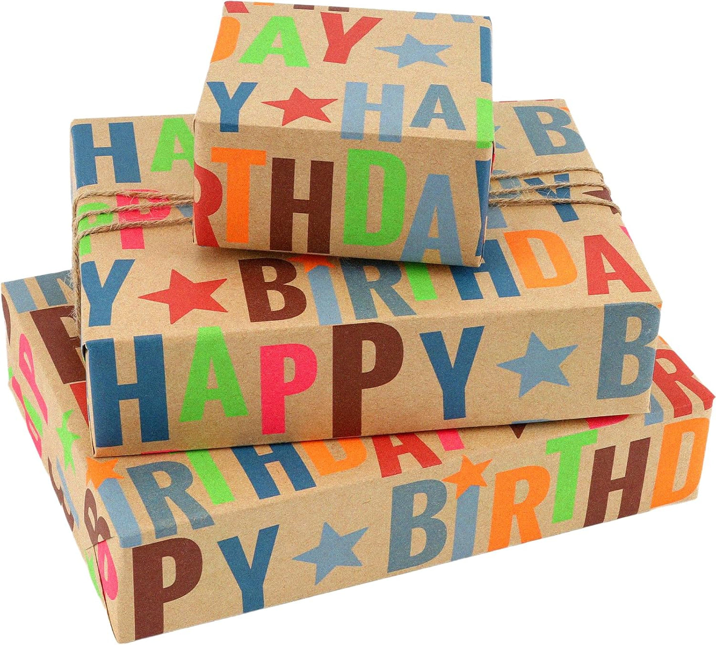 LaRibbons Birthday Wrapping Paper Jumbo 24 Inch x 417 Feet(834 sq. ft. ttl.) Half Ream Kraft Gift Wrap Paper with Colorful Text Happy Birthday Pattern for Baby Shower Holiday Party