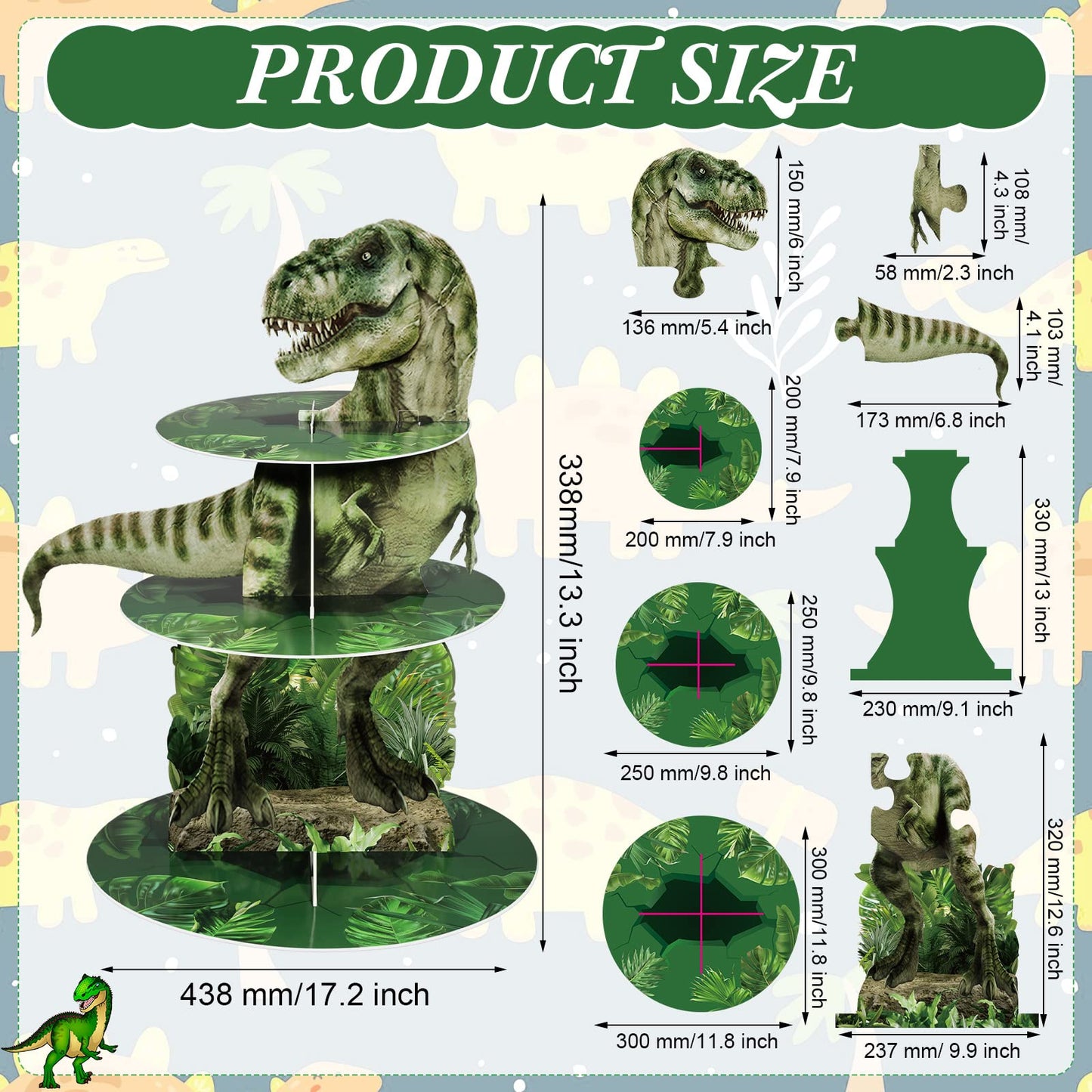 Censen 3 Tier Dinosaur Cupcake Stand for Kids Birthday Party
