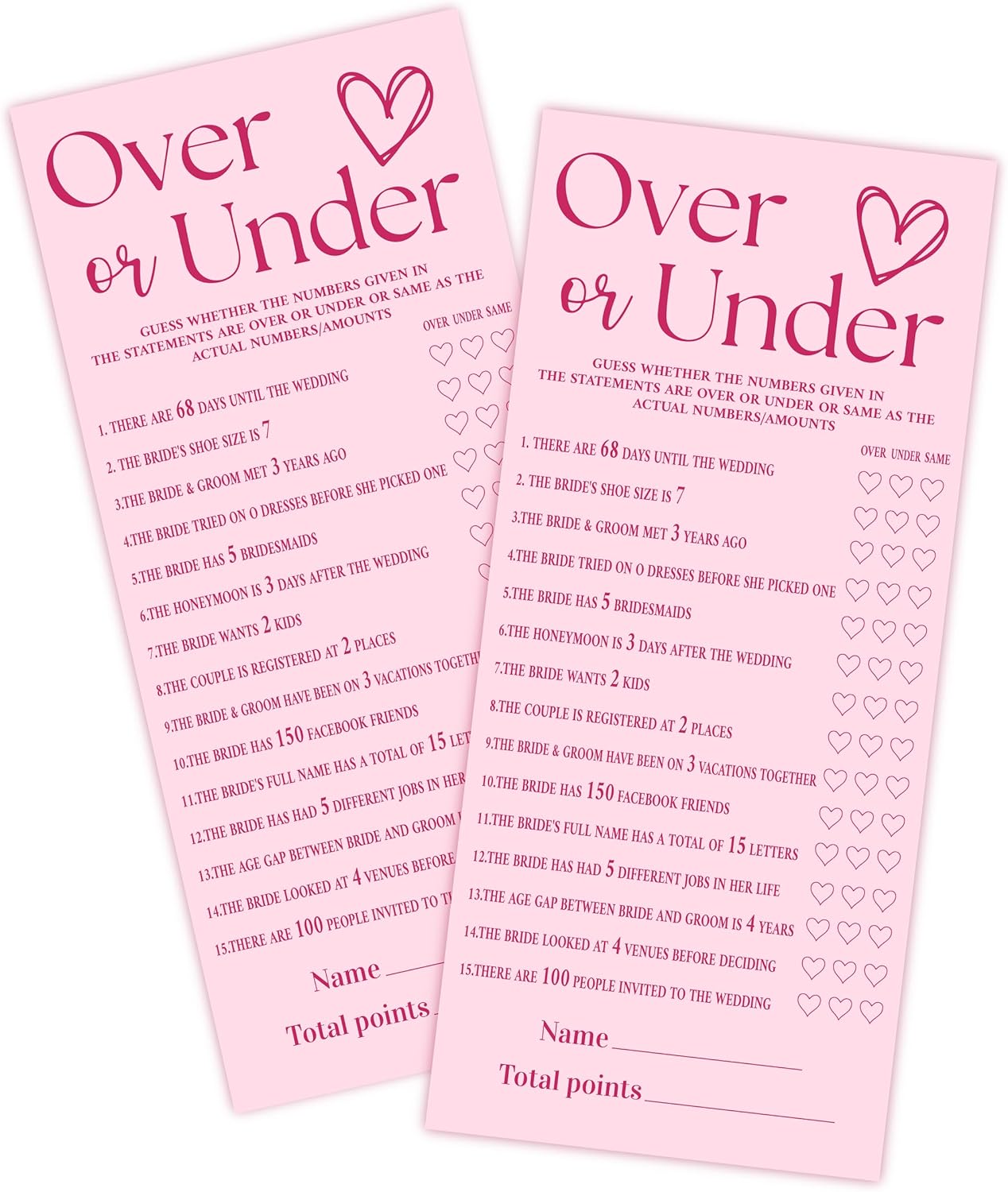 4x9 Inch Wedding Shower Games Cards, Over or Under, Pink Bridal Shower Games for 25 Guests, Engagement Party Supplies, Wedding Party Supplies Decoration-A01