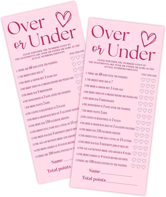 4x9 Inch Wedding Shower Games Cards, Over or Under, Pink Bridal Shower Games for 25 Guests, Engagement Party Supplies, Wedding Party Supplies Decoration-A01