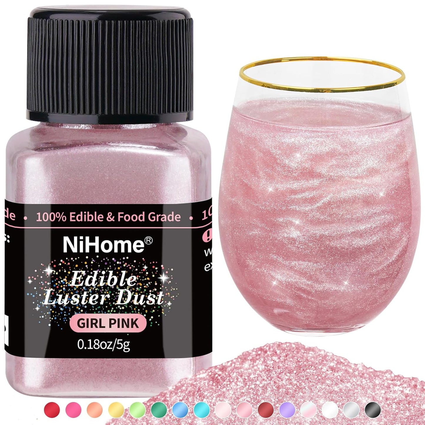 NiHome Edible Food-Grade Glimmer Powder Glitter Luster Dust Metallic Food Decorating Sprinkle Glimmery Dust for Drink Wine Beverage Cake Candy Dessert Bakery Restaurant Vegan (0.18oz/5g, Girl Pink)