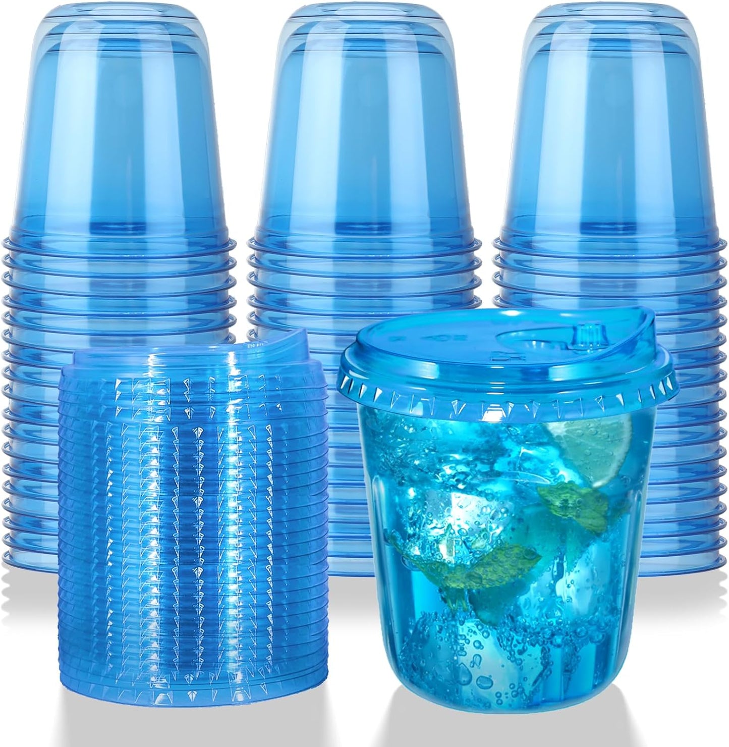 12oz Disposable Stemless Glasses With Strawless Sip Lids,PET Disposable Drinking Cups,Clear Plastic Wine Glasses for Parties Birthday,Wedding,Meeting,Christmas Party Supplies. (50, Blue)