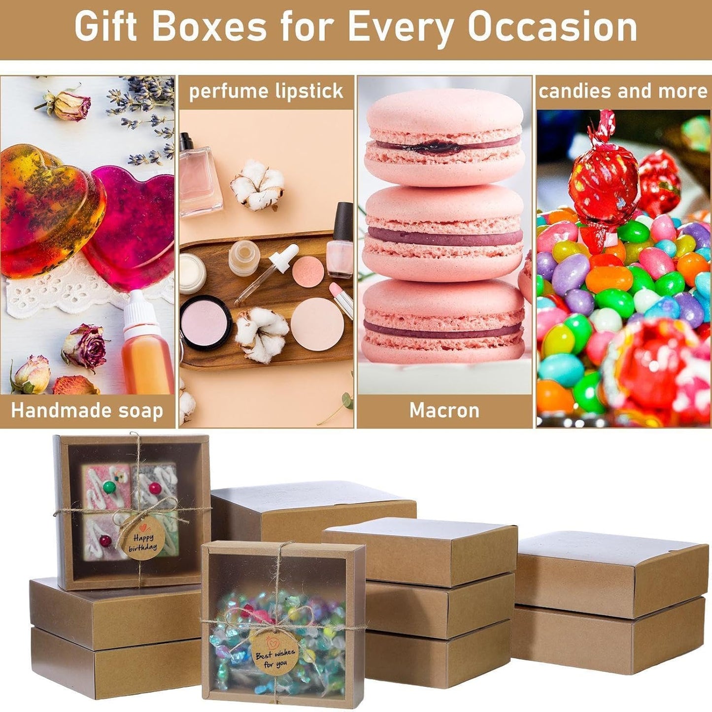 Roowest 50 Sets Kraft Soap Boxes Rectangle Packaging Box with Window Homemade Gift Box with Blank Tags and Jute String for Jewelry Candy Wrapping Party Favor(6.5 x 6.5 x 2 Inch,Kraft Color)