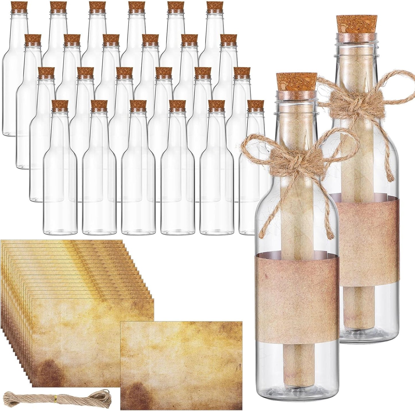 Baderke 24 Pcs 5.6 oz Message Bottles with Letter Printer Paper Plastic Bottles & Corks Twines for Message Invitations Birthday Wedding Baby Shower DIY Crafts Gift Party Favors (Vintage)