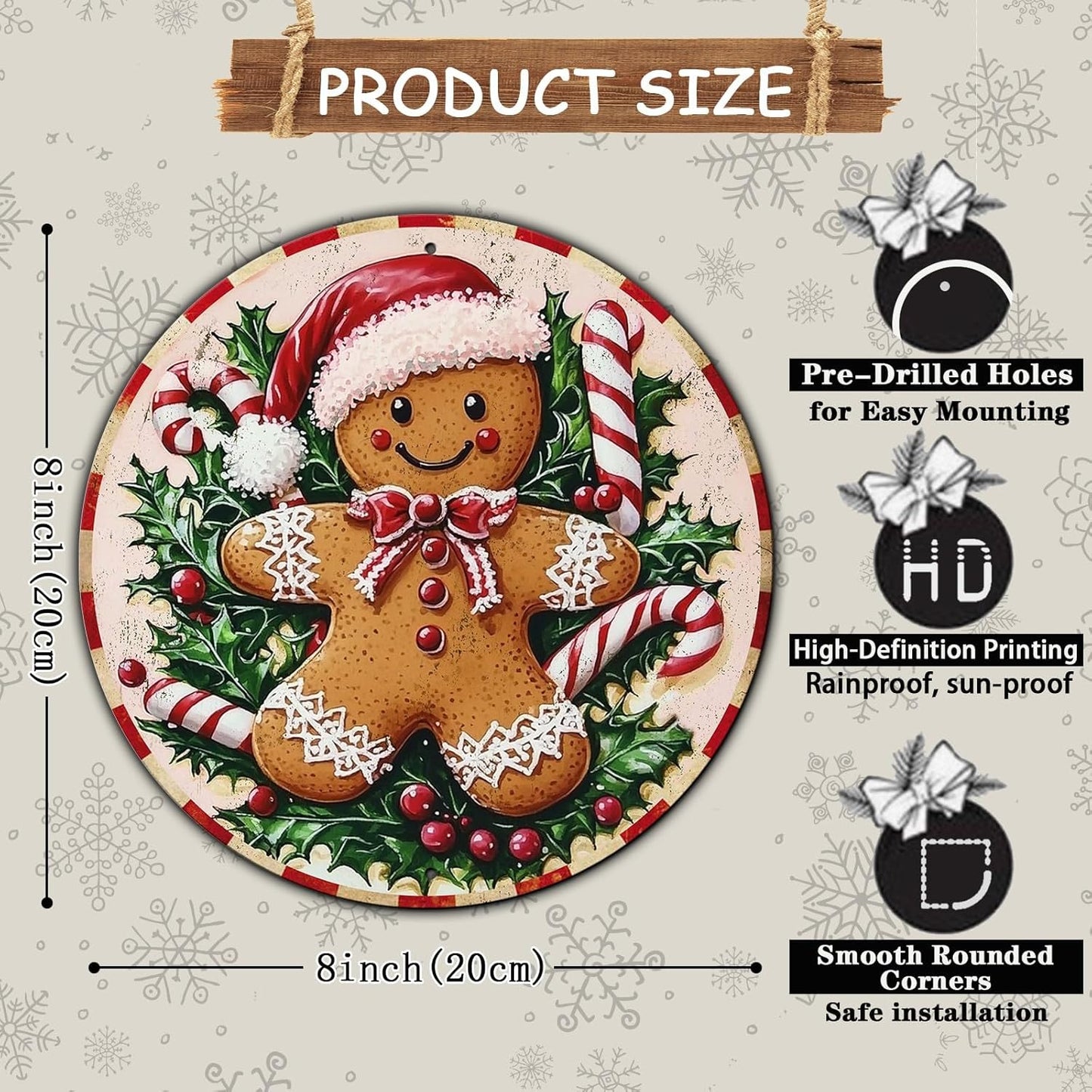 Round Christmas Metal Tin Sign Rustic Wall Decor Gingerbread Man Vintage Tin Sign Candy Canes Christmas Tin Sign for Home Garden Kitchen Bar Cafe Restaurant Garage Wall Decor 8 * 8 in