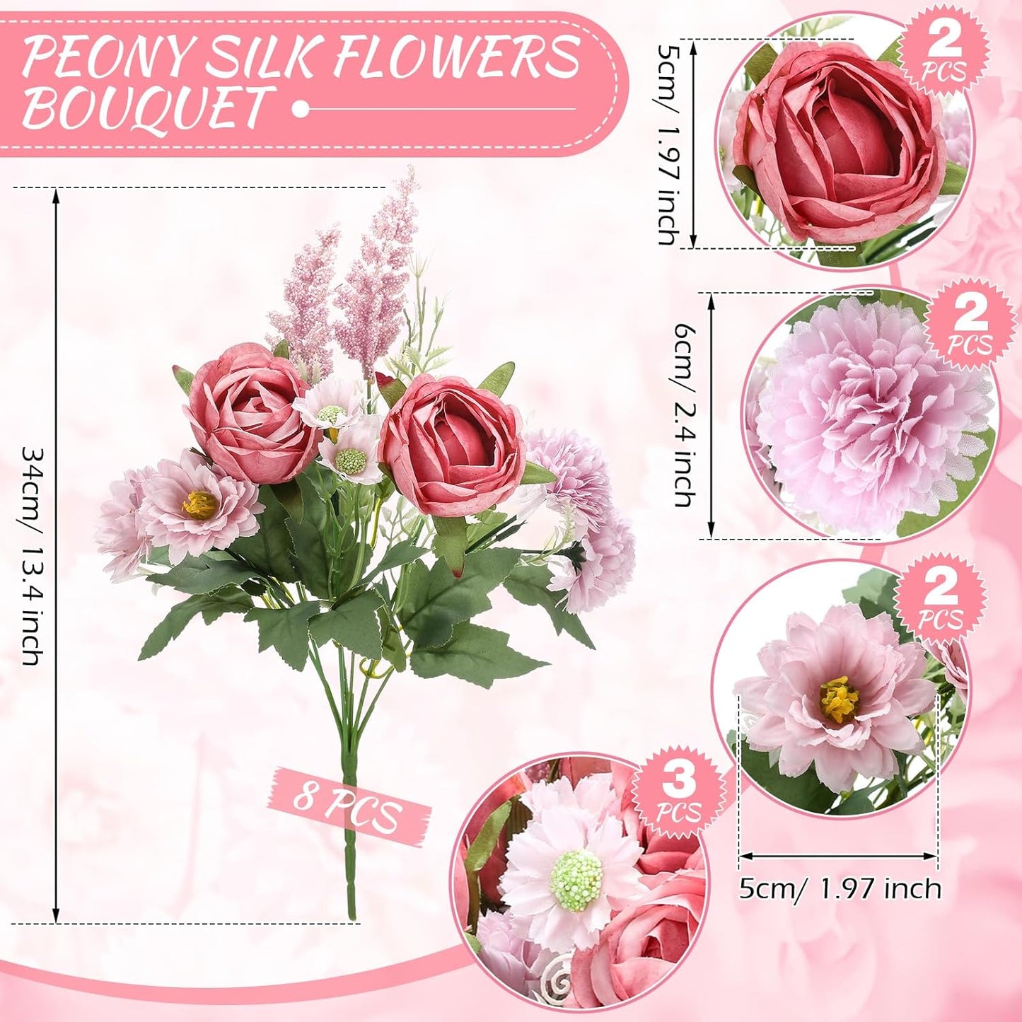 Zeyune 8 Pcs Wedding Silk Flowers Fake Silk Flowers Faux Bouquet Hydrangea Bouquets for Wedding Birthday Party Table Centerpieces Home Decoration (Bean Paste Pink,Rose)