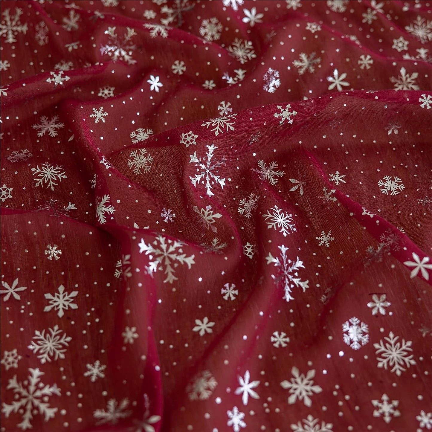 Silvery Snowflake Metallic Print Tulle Christmas Table Runner, Seasonal Winter Kitchen Dining Table Decoration for Home Party Decor 35x120 Inch (Burgundy)