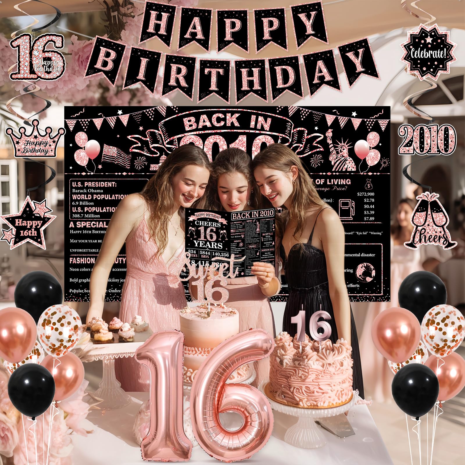Sweet 16 Party Decorations for Girls, Black Rose Gold 16th Birthday Decorations Set with Back in