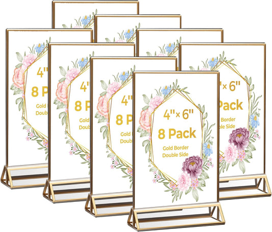 8 Pack Acrylic Sign Holder 4x6 Gold Frames, Wedding Table Number Holders Double Sided Vertical Clear Display Stand, Picture Holders for Tables, Menus, Flyers, Party and Office Decor