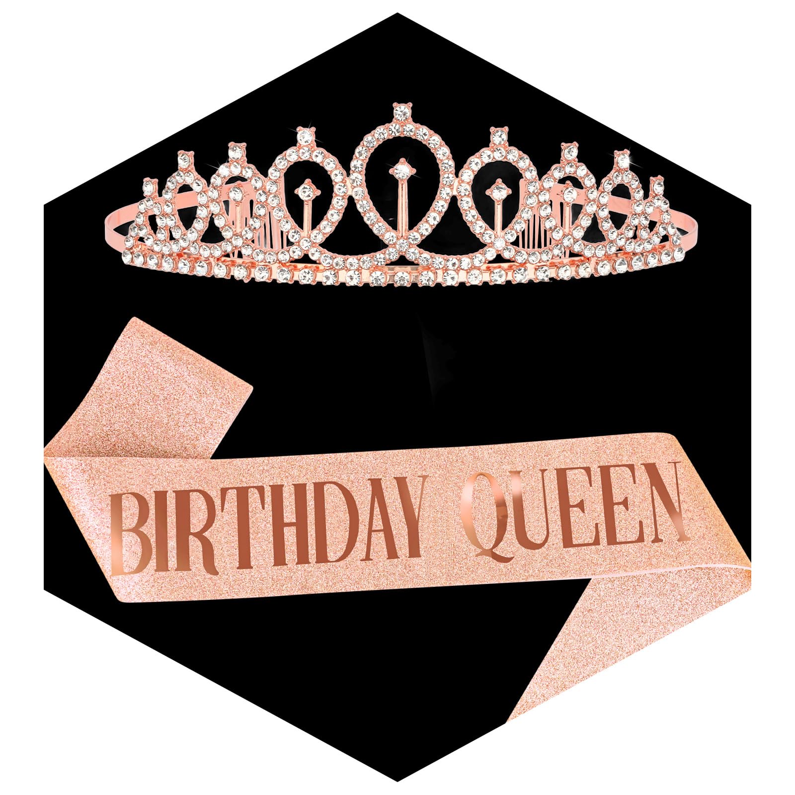 CAVETEE Rose Gold Rhinestone Tiara with Glitter Birthday Queen Sash, Birthday Party Decorations for