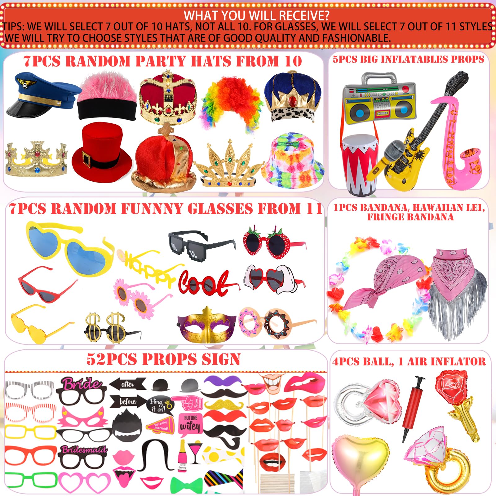 Bulk Opulent Photo Booth Props Set for Adult, Novelty Funny Hats and Glasses, Colorful Wig