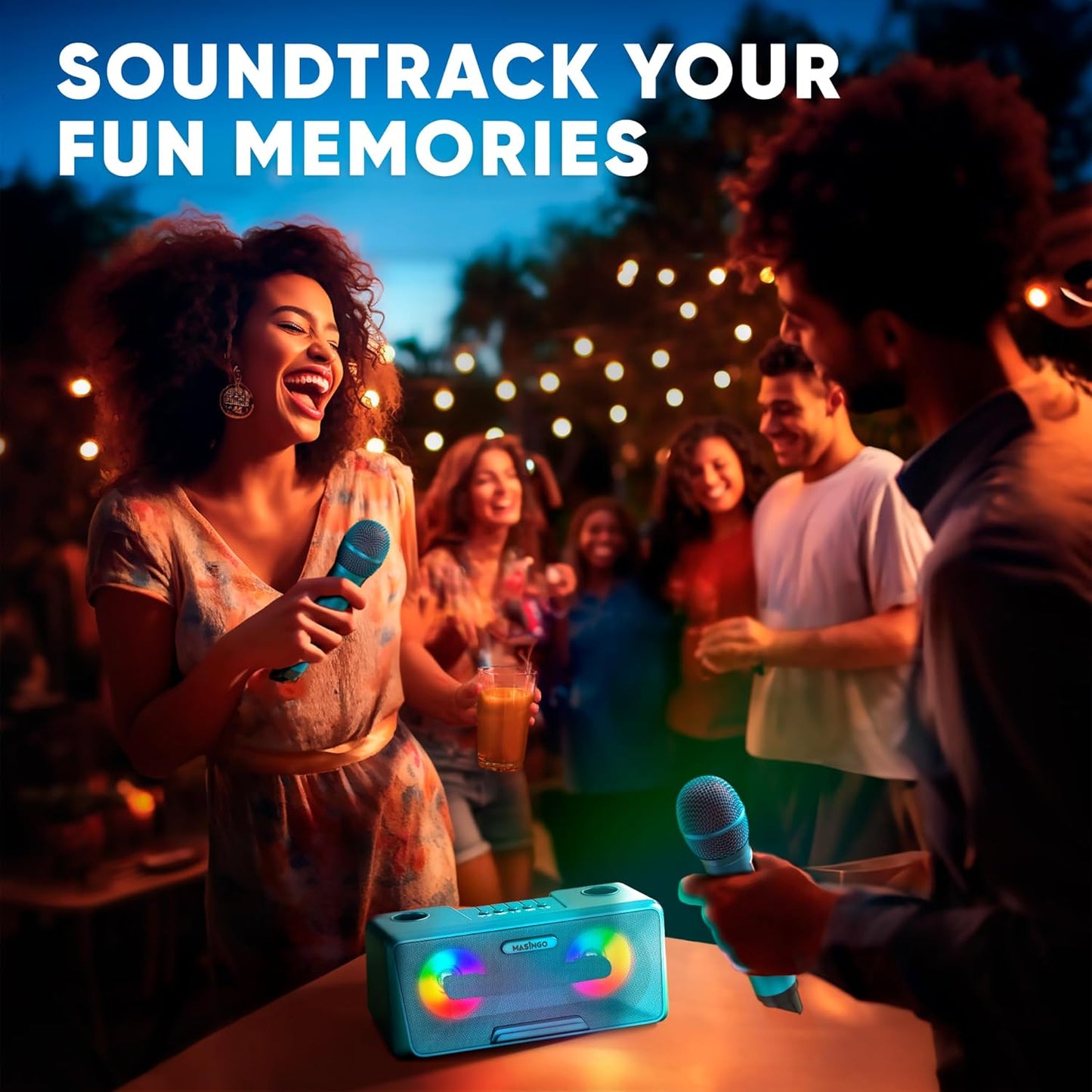 MASINGO Karaoke Machine for Adults and Kids with 2 Wireless Microphones, Portable Bluetooth Singing Speaker, Colorful LED Lights, PA System, Lyrics Display Phone Holder, and TV Cable. Presto G2