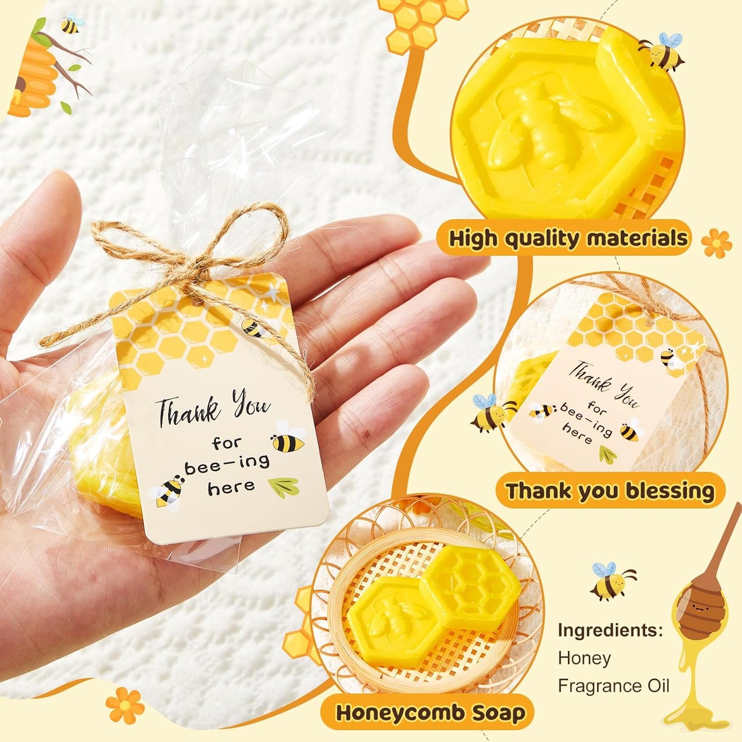 24 Set Baby Shower Favors Bee Party Favors Including Honeycomb Soap with Thank You Card Gift Honey Soap for Guest Gender Reveal Honey Gift Birthday Party Decorations (Yellow)