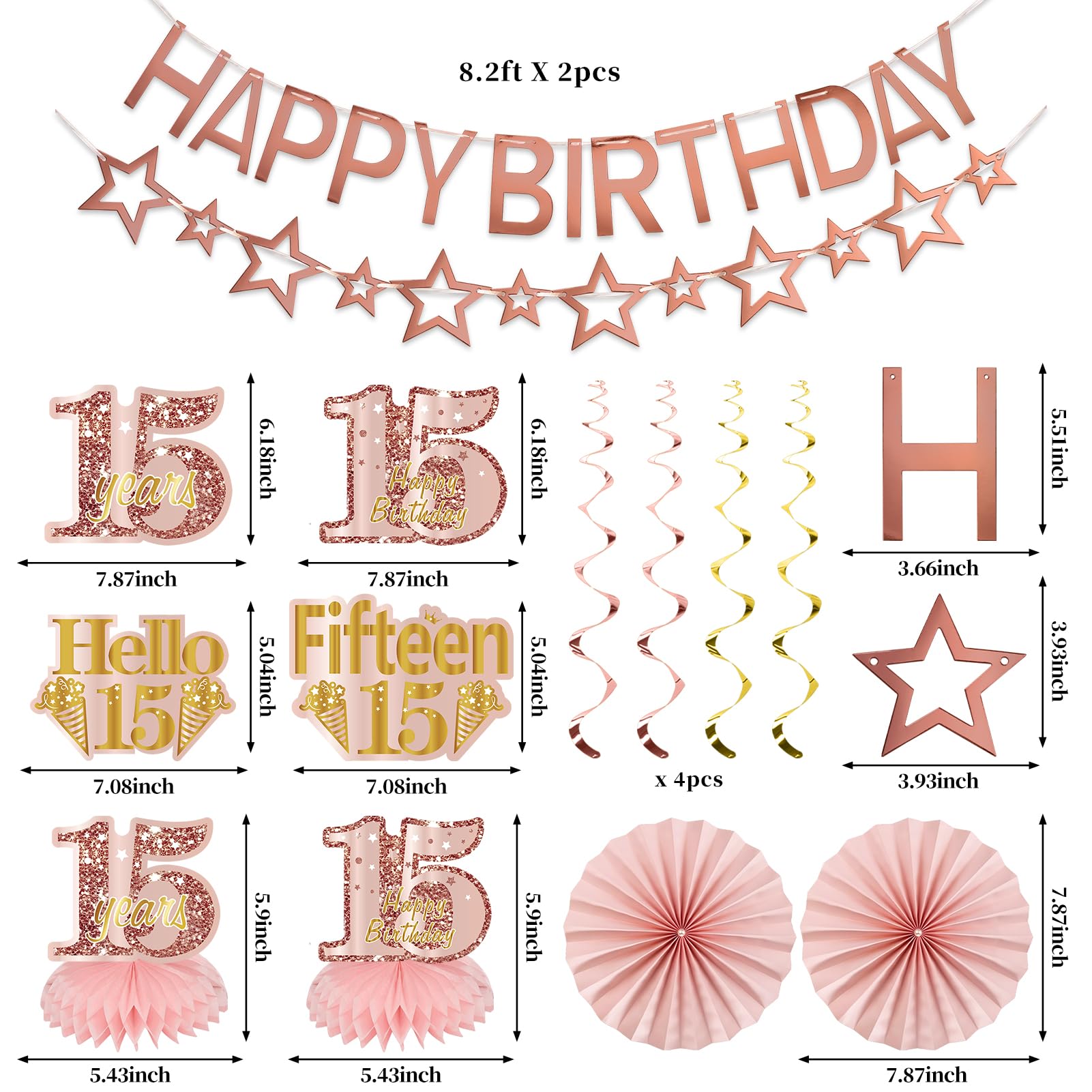 Turypaty Happy 15th Birthday Decorations Kit Girls, Pink 15 Party Supplies