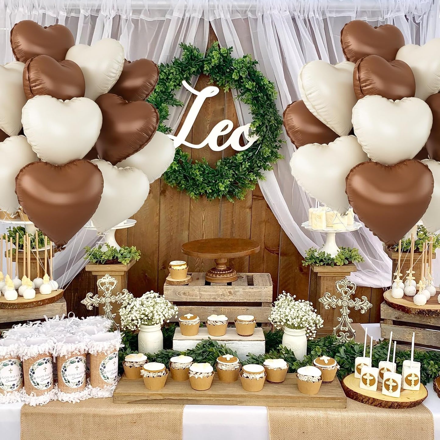 Sand White Brown Heart Balloons,12Pcs 18Inch Cream White Coffee Brown Heart Shaped Foil Helium Balloons for Baby Shower Birthday Anniversary Wedding Engagement Party Decorations