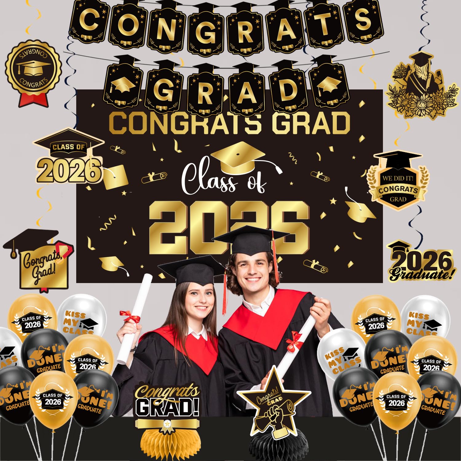 Graduation Decorations 2026 Gold Themed Set - Congrats Grad Banner, Class of 2026 Backdrop