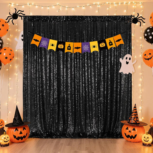 Poise3EHome 8FT x 8FT Black Sequin Backdrop Curtain Photography for Party Decoration, Black