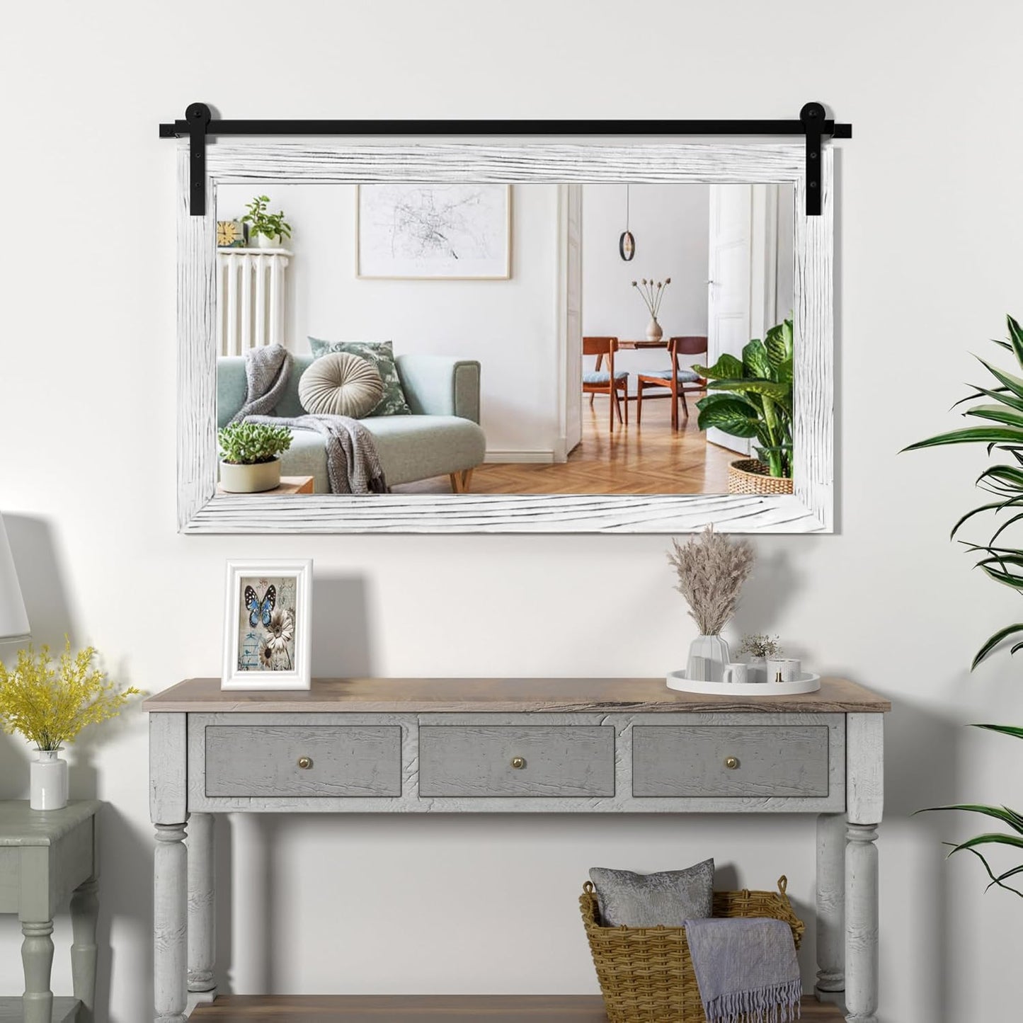 COGOOD Farmhouse Barn Door Mirror - 41" x 26" Rustic Wood Framed Wall Mirror for Bathroom, Living Room, Bedroom Wall Decor (White)