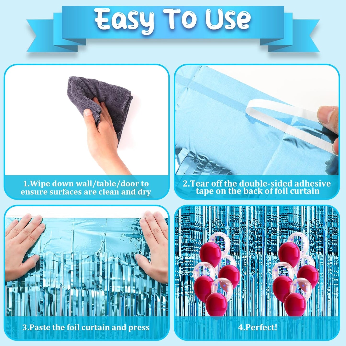 2 Pack 3.3x8.2 Feet Light Blue Foil Fringe Backdrop Curtains, Tinsel Streamers Birthday Party Decorations, Fringe Backdrop for Graduation, Baby Shower, Gender Reveal, Disco Party