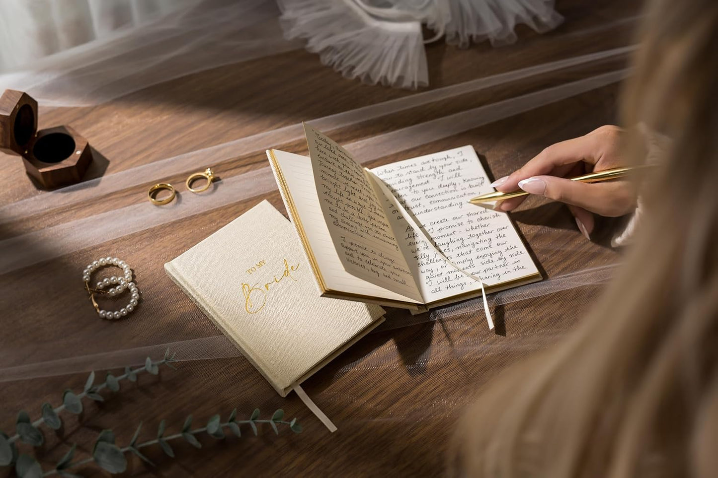 Hard Cover Vow Books (Set of 2) - To My Bride & To My Groom Matching Ivory Pocket Sized Foil Embossed Wedding Ceremony Vow Renewal Speech Notebook Planner, Gift for Bride & Groom Newly Engaged Couple