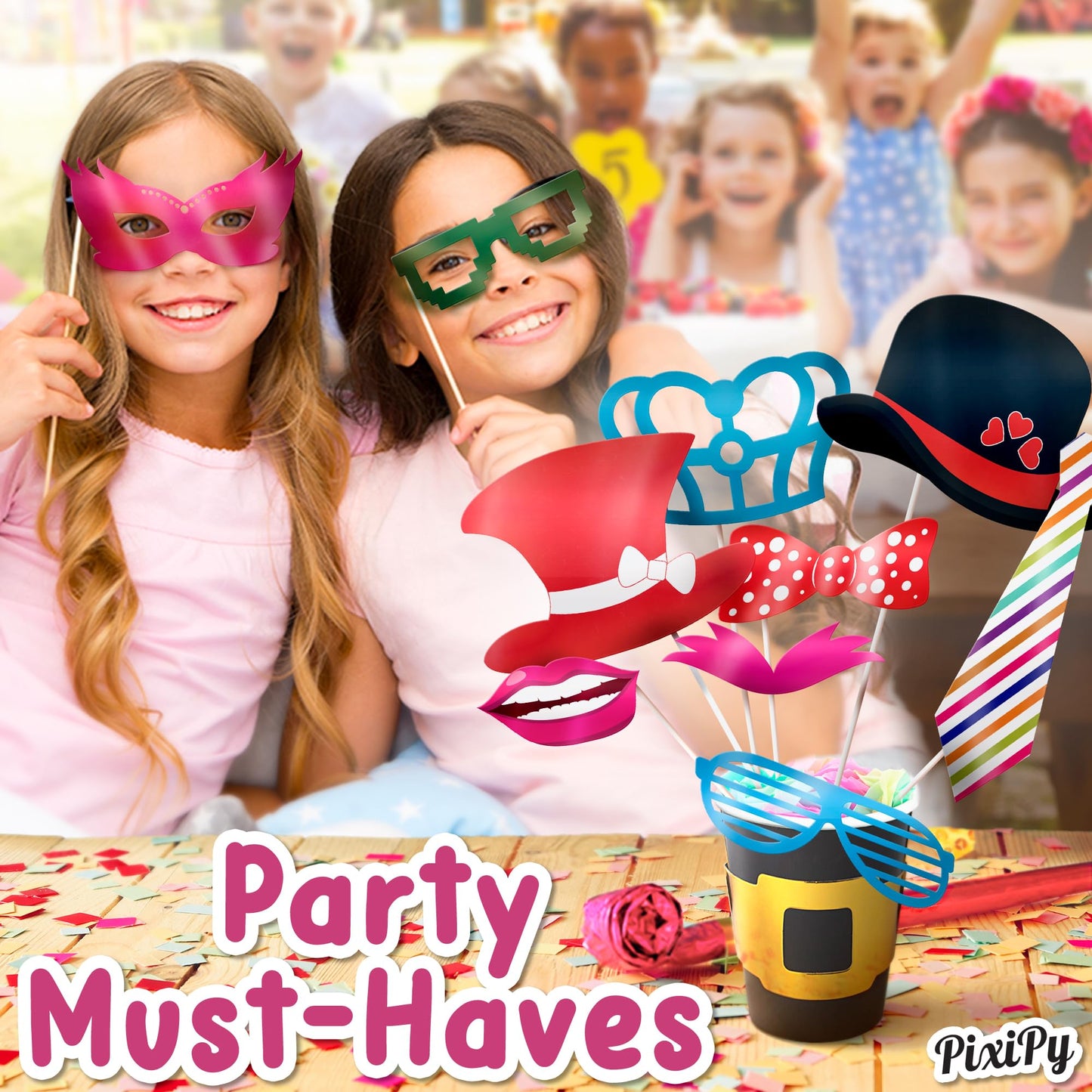 Photo Booth Props - 66 Piece Multicolor Kit - Fun Selfie Party Accessories - Mustaches, Hats, Lips