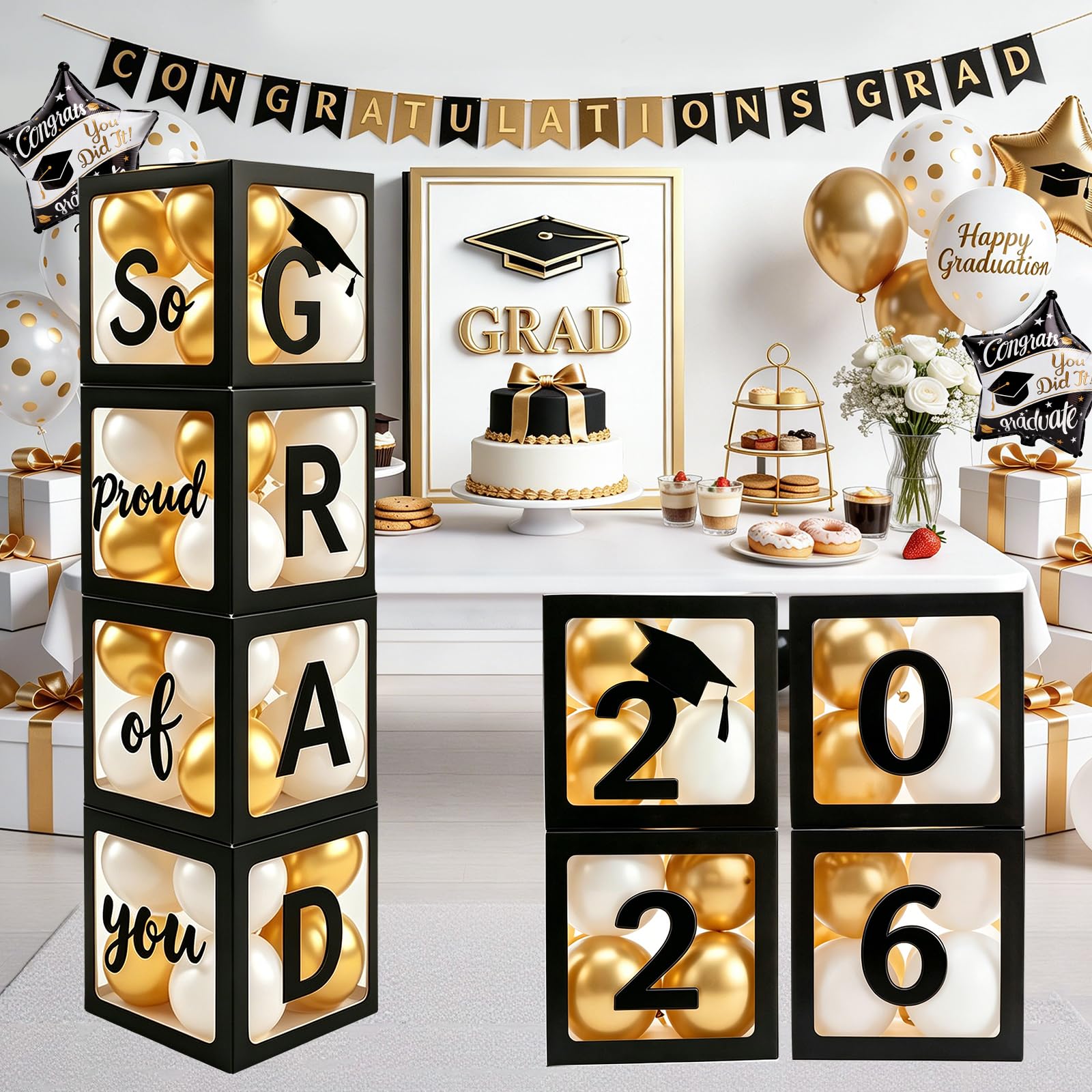 2026 Graduation Party Decorations - Black Balloon Boxes with Letters, "GRAD" & "So Proud of You" &