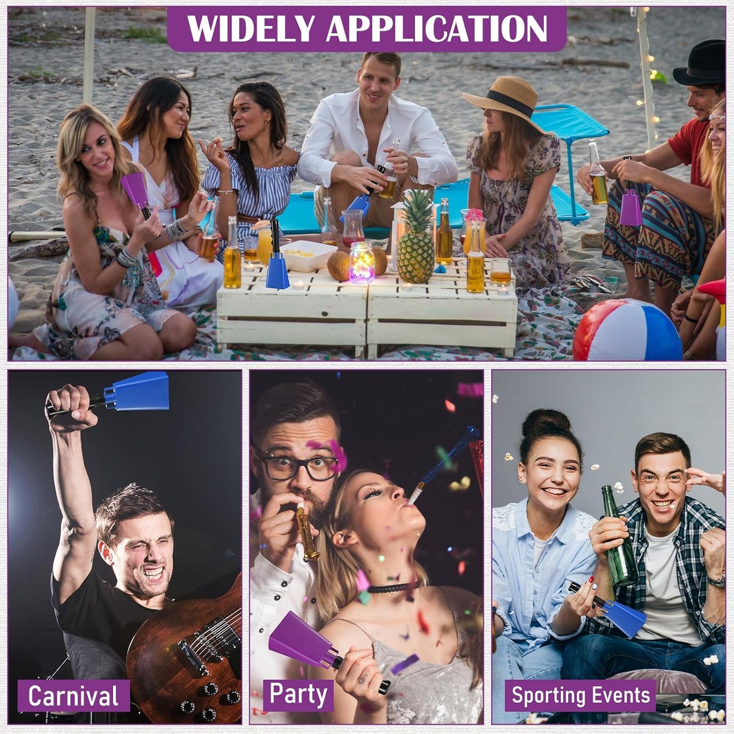 Pelopy 12 Pcs Large Cow Bell 9 '' Cowbell with Handle Cowbells for Sporting Events Hand Percussion Cheering Bell Chimes for Football Game, Alarm Loud Noise Makers, Musical Instrument(Purple, Blue)