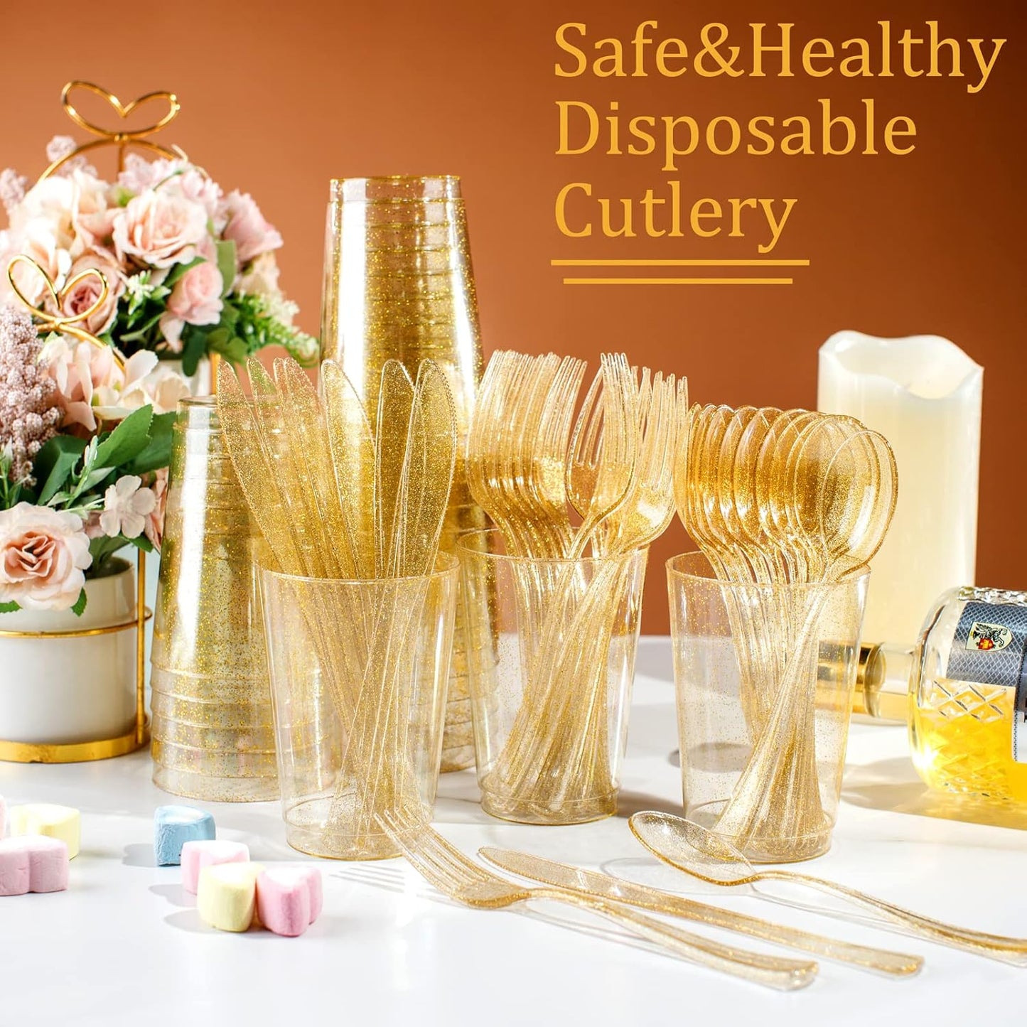 Supernal 300pcs Gold Glitter Plastic Cutlery Disposable Utensils Gold Plastic Silverware Sets Include 100 Forks, 100 Spoons & 100 Knives Serves for 100 Guests Suitable for Party,Thanksgiving