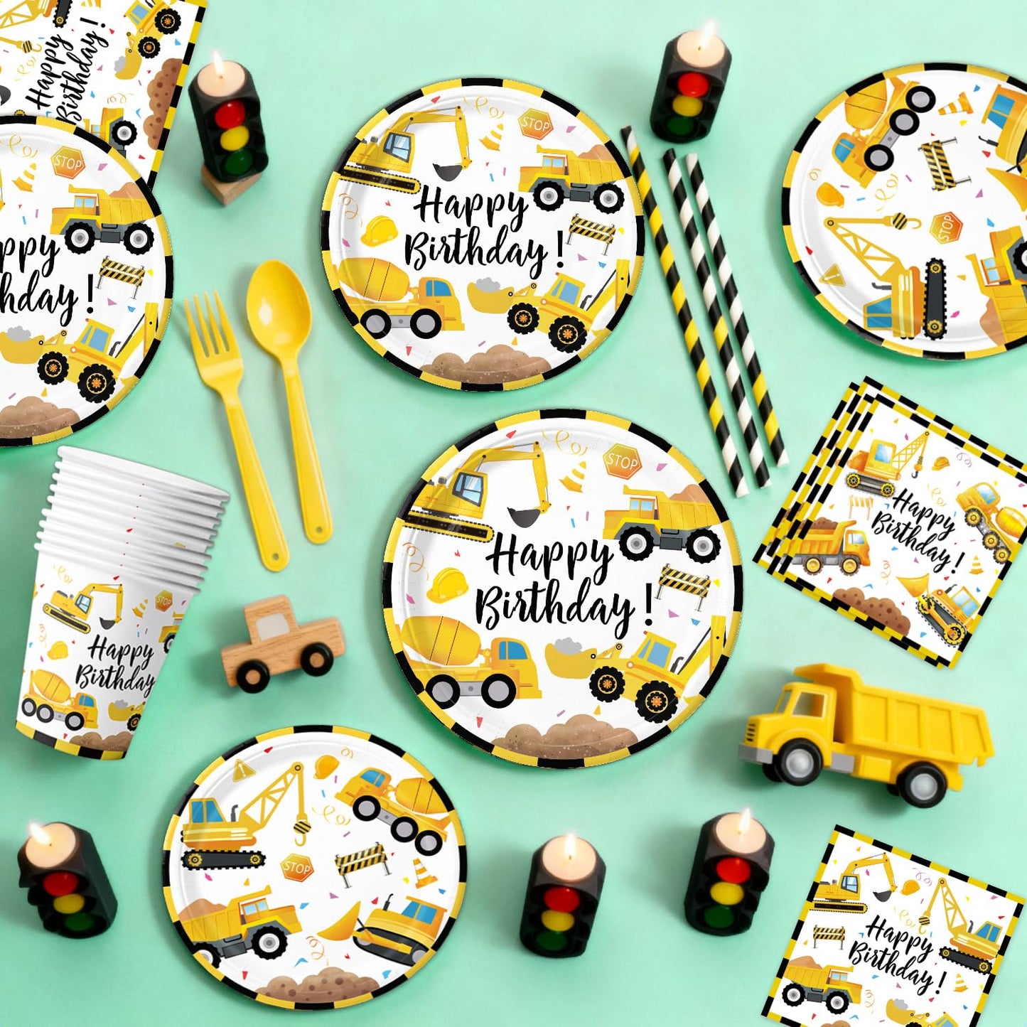 Construction Birthday Party Supplies - Plates, Napkins, Cups, Cutlery, Banner, Hanging Swirls