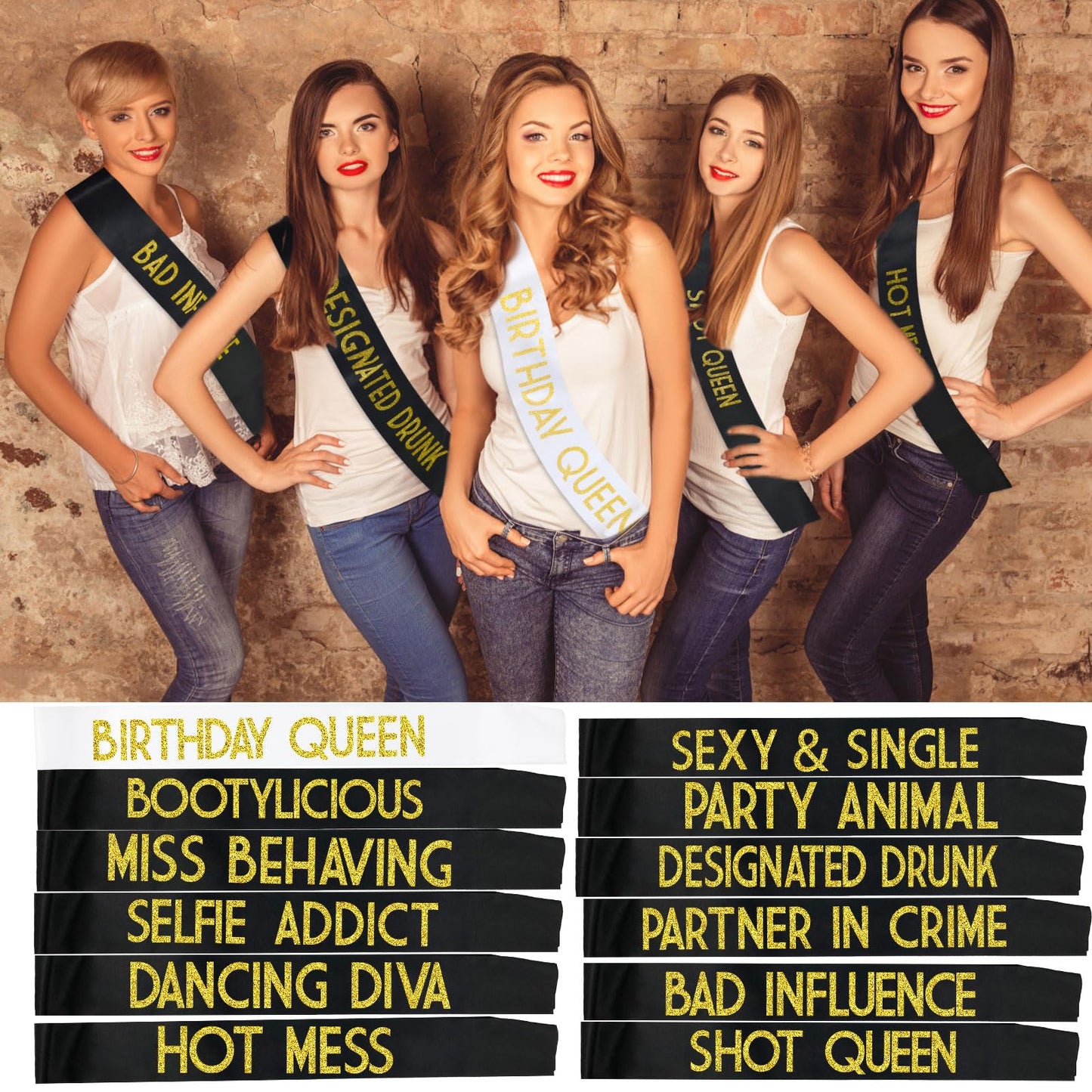 12 Pack Queen Sashes for Women - Birthday Squad Sash Set, Funny Gifts Sashes for Women's Birthday