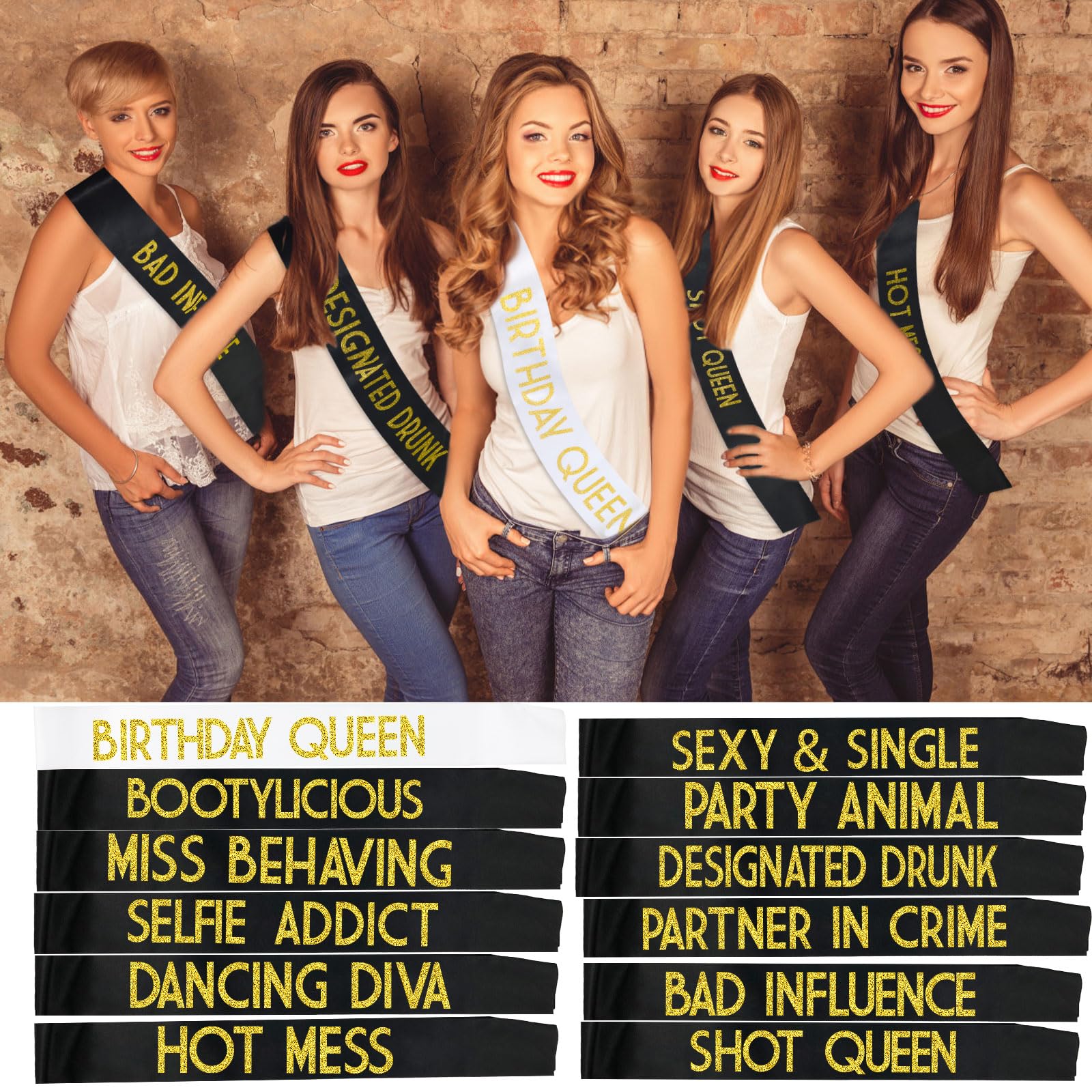 12 Pack Queen Sashes for Women - Birthday Squad Sash Set, Funny Gifts Sashes for Women's Birthday