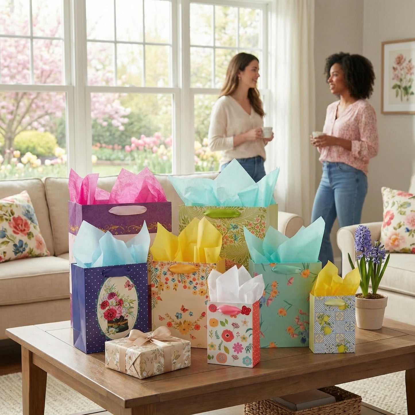 Nihuecne 8 Pack Floral Kraft Gift Bags Assorted Sizes with Tissue Paper