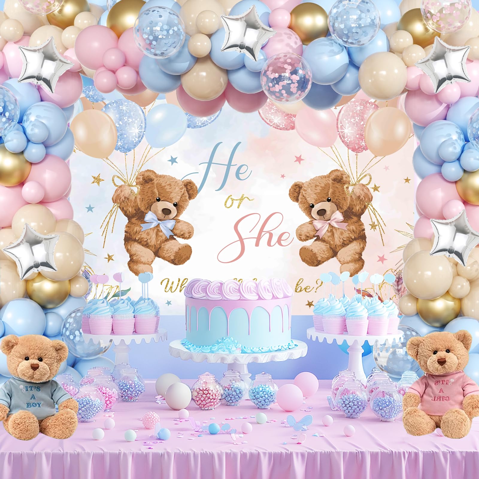 Bear Gender Reveal Decorations - 158pcs Pink Blue Balloon Garland Kit, 4pcs Baby Boxes With