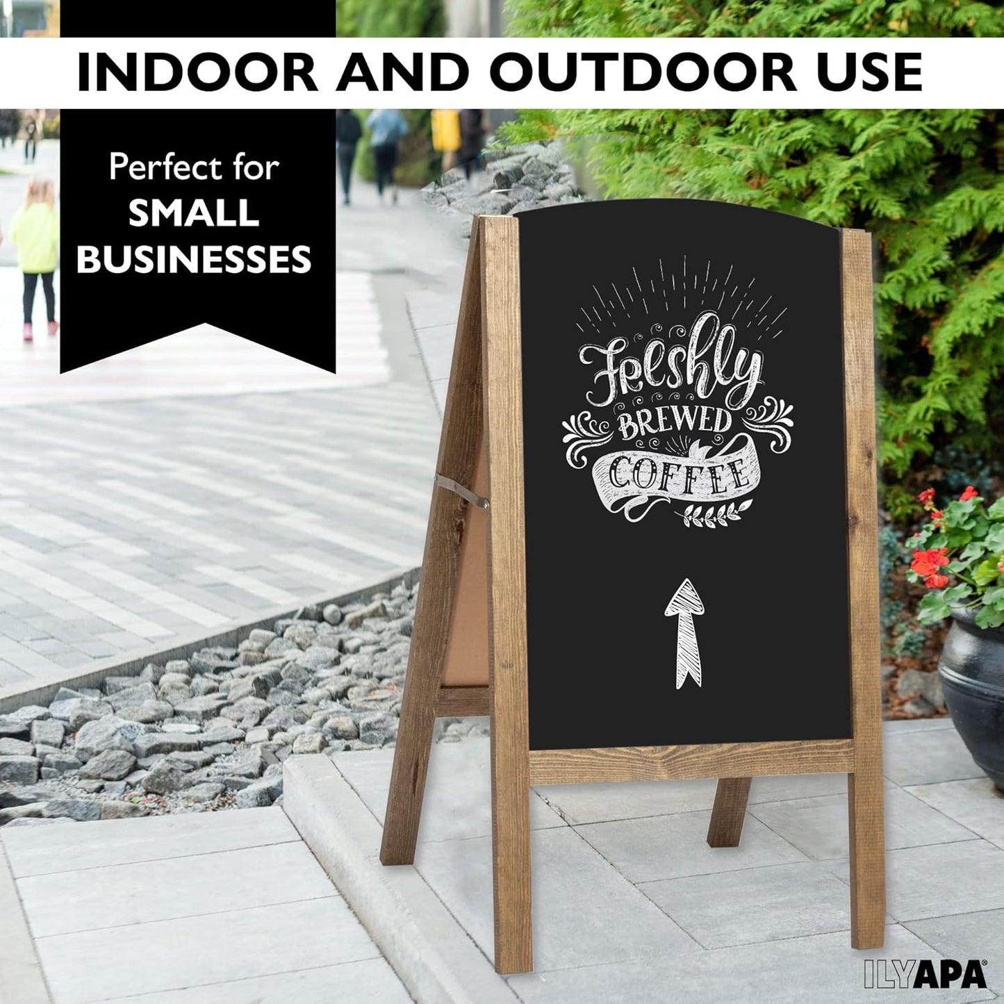 Ilyapa A-Frame Chalkboard Sidewalk Sign - Rounded Top Folding Standing Sandwich Sign for Restaurant, Office, Weddings - Rustic Barnwood, 18 x 31.5 in