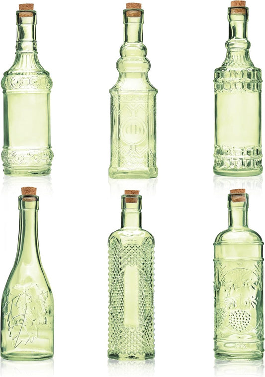Assorted Green Glass Bottles with Corks, 6 Pack, 2.5in X 9in, 16oz