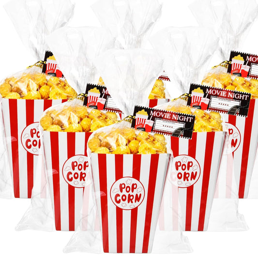 24set Movie Night Party Favors include Paper Popcorn Box Cellophane Bags and Ticket for Movie Theme Birthday Wedding Party Supplies