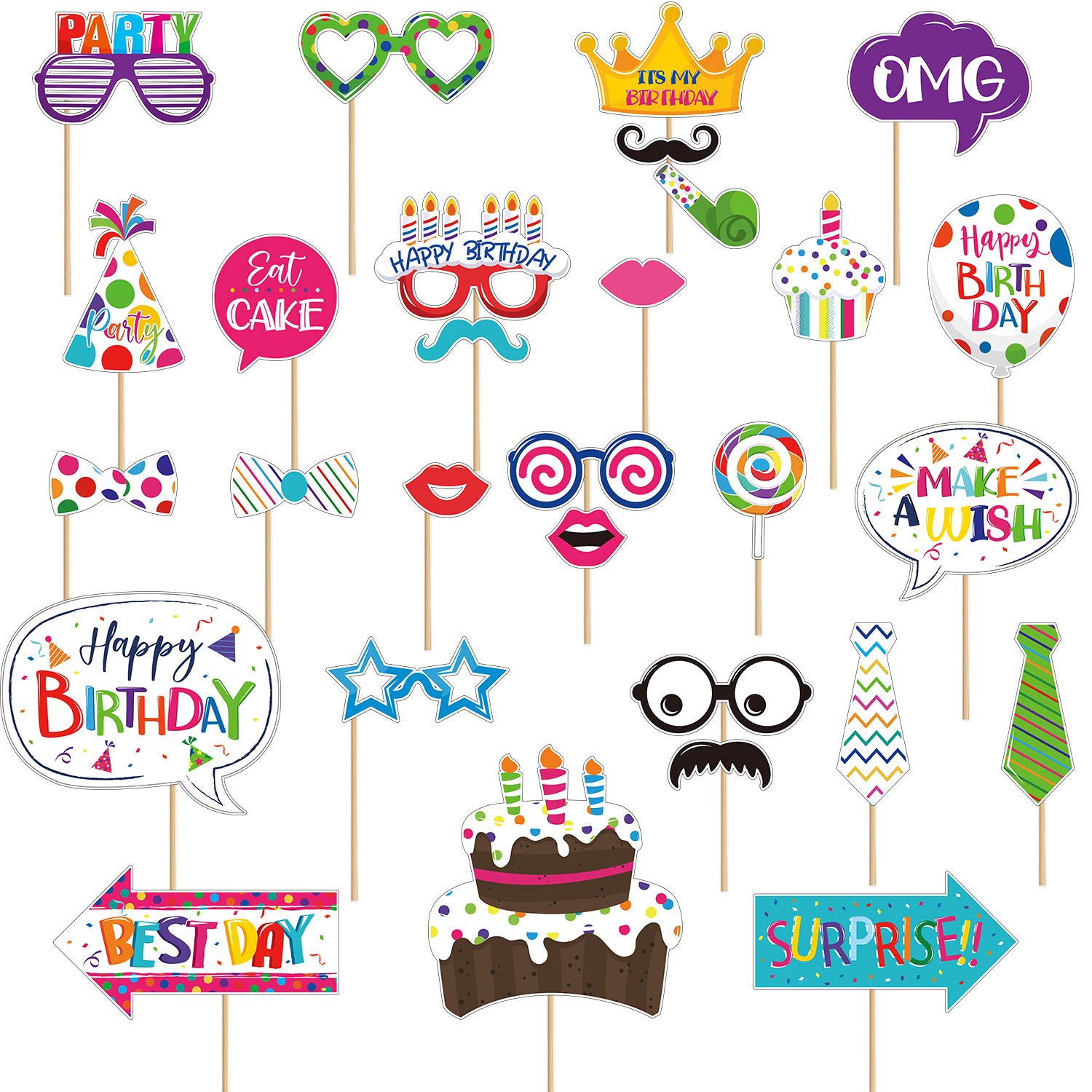 29 Pieces Birthday Photo Booth Props Kit Colorful Funny Kids Birthday Theme Table Centerpiece Craft