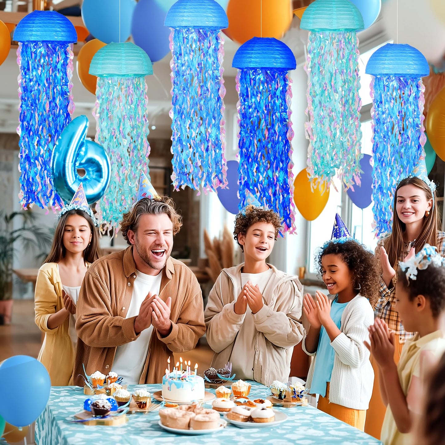 OBXT 10" Blue Hanging Jellyfish Paper Lanterns - Under the Sea Party & Mermaid Birthday