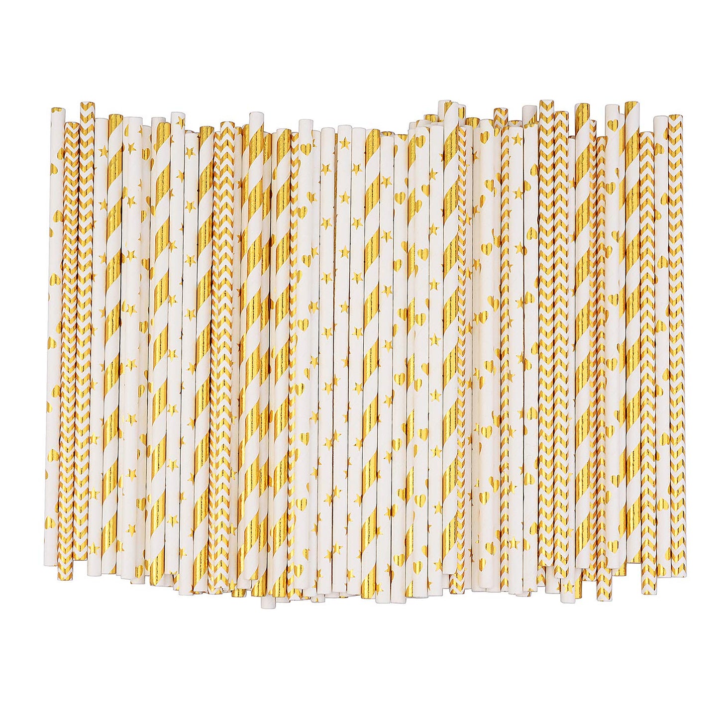 ALINK Biodegradable Gold Paper Straws Bulk, Pack of 100 Metallic Foil Striped/Wave/Heart/Star