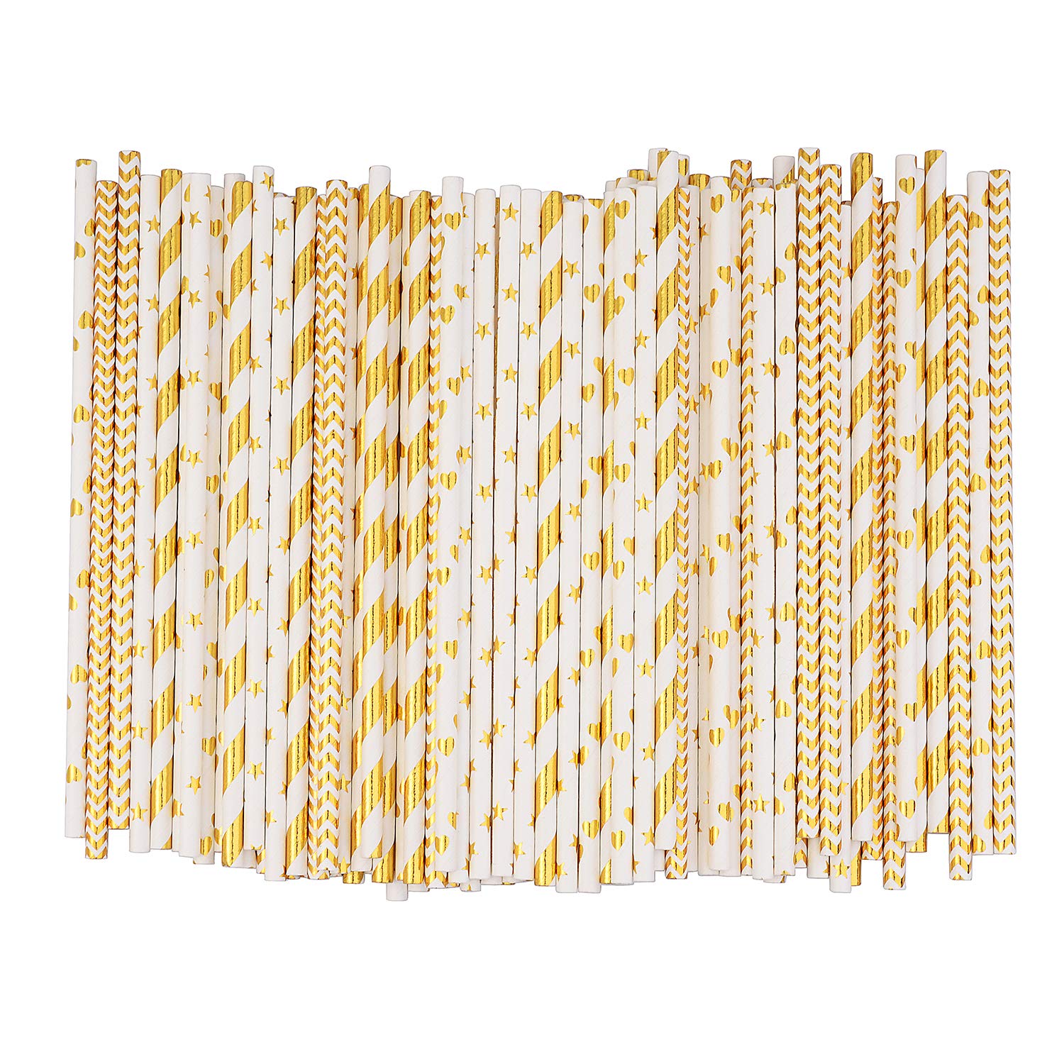 ALINK Biodegradable Gold Paper Straws Bulk, Pack of 100 Metallic Foil Striped/Wave/Heart/Star