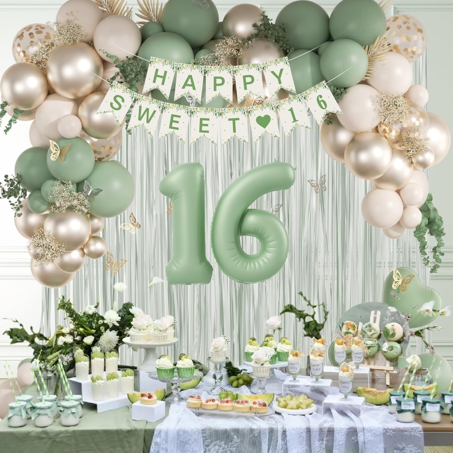 73pcs Sweet 16 Party Decorations with Sage Green Sand White Gold Balloons